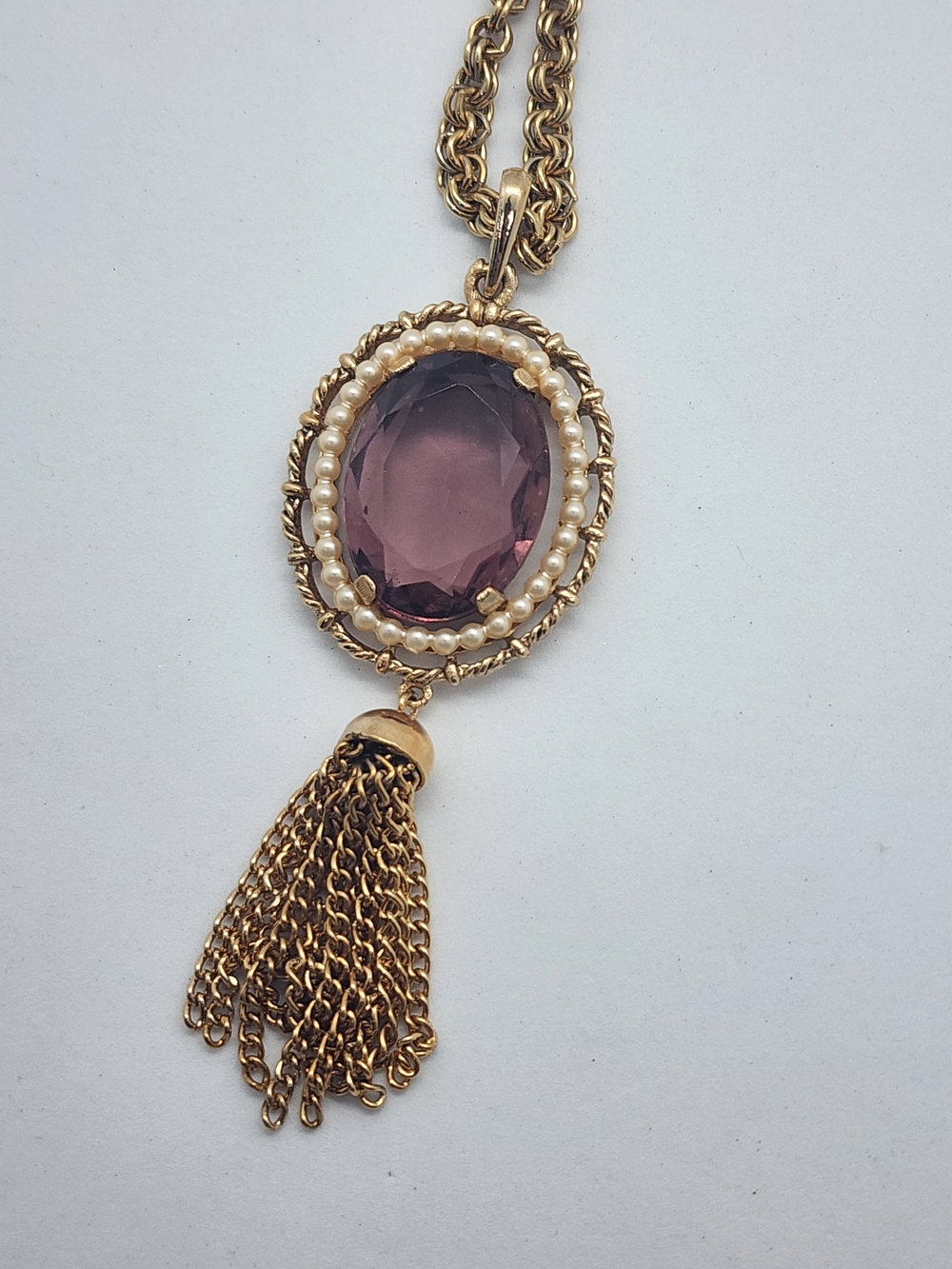Avon Gold-Tone Necklace with Purple Glass Pendant and Pearl Halo